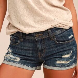 Eunina dark wash distressed denim shorts. Size medium, some stretch.